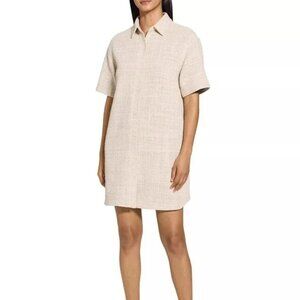 395$ Theory Front Button A-Line Tweed Shirtdress Short Sleeves Size S Beige